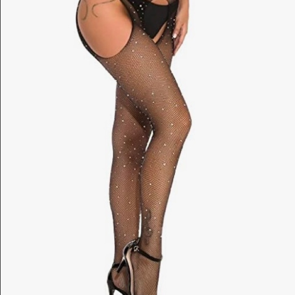 Black fishnet stockings with silver rhinestones
